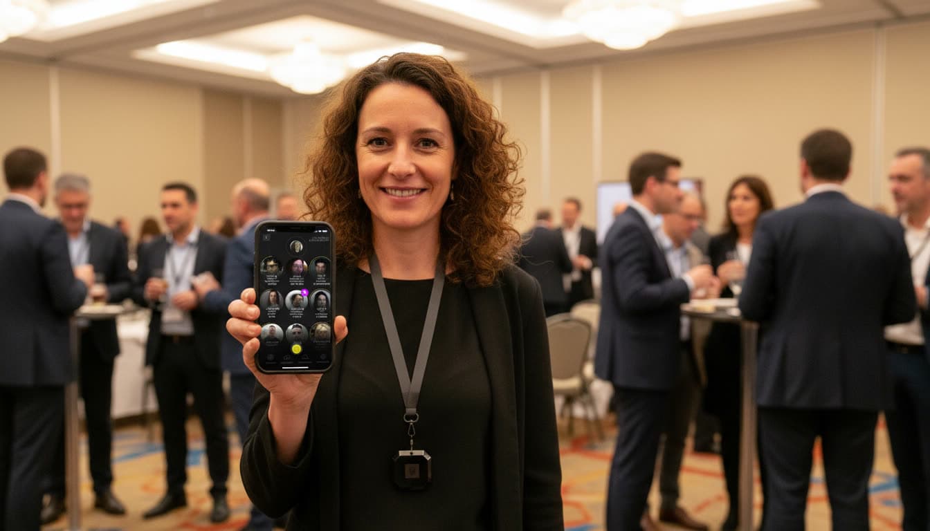 A member shows the club directory on her phone during an evening in a reception room