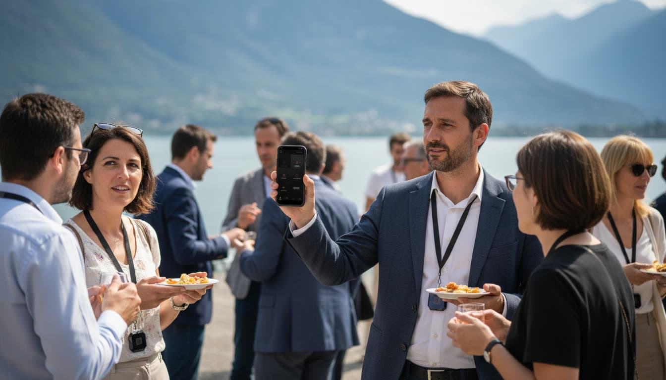 Members network at an outdoor cocktail, one of them showing the app on his phone
