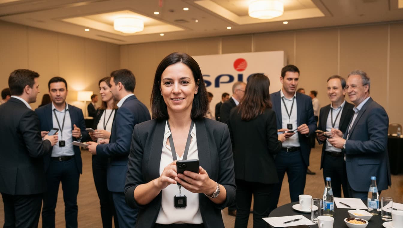 Attendees network during a corporate seminar, connected badge around their neck