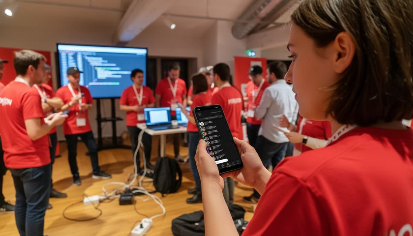 An attendee scrolls through the list of participants on her phone during a hackathon