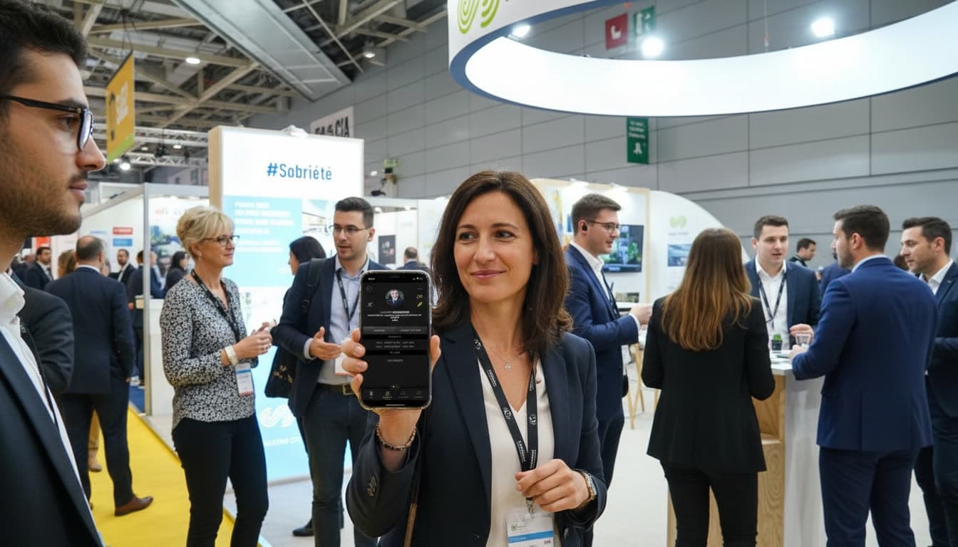 A visitor browses an attendee profile on her phone in the aisle of a trade show