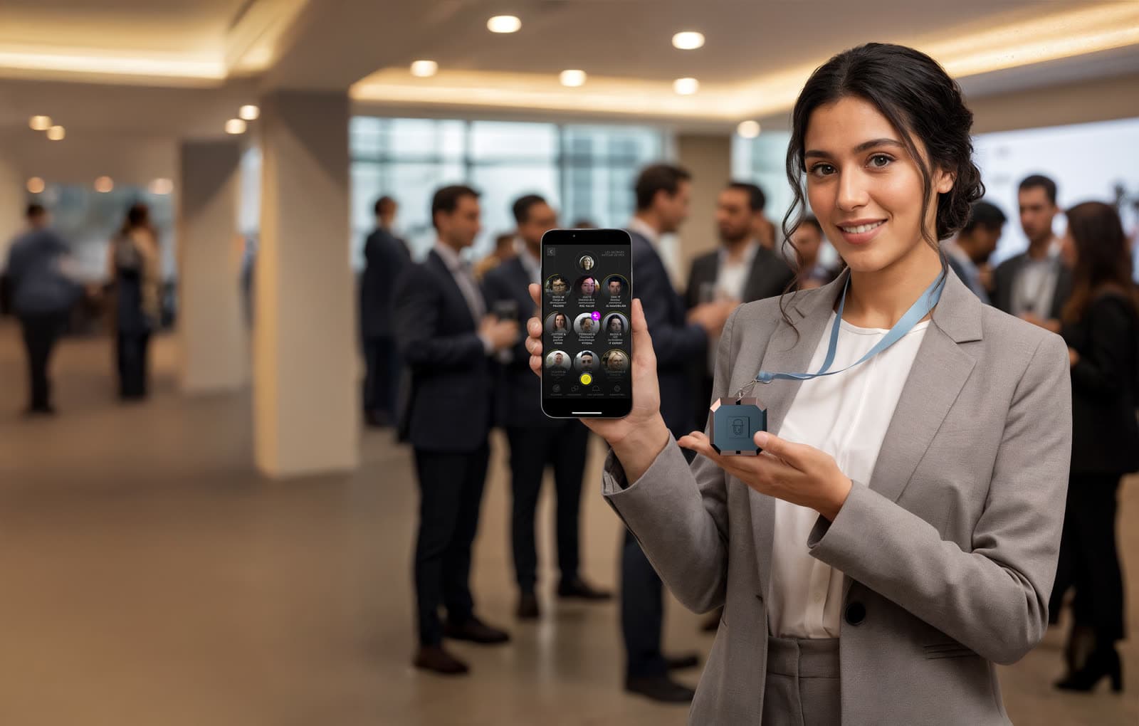 Une participante tient son téléphone et son badge connecté dans le hall d'accueil d'un événement d'entreprise