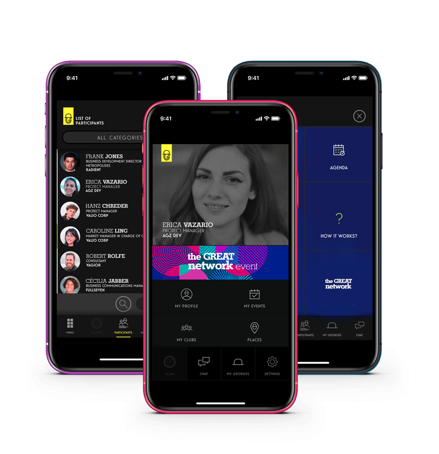 The Who is Georges app shown on two phones, branded for the client